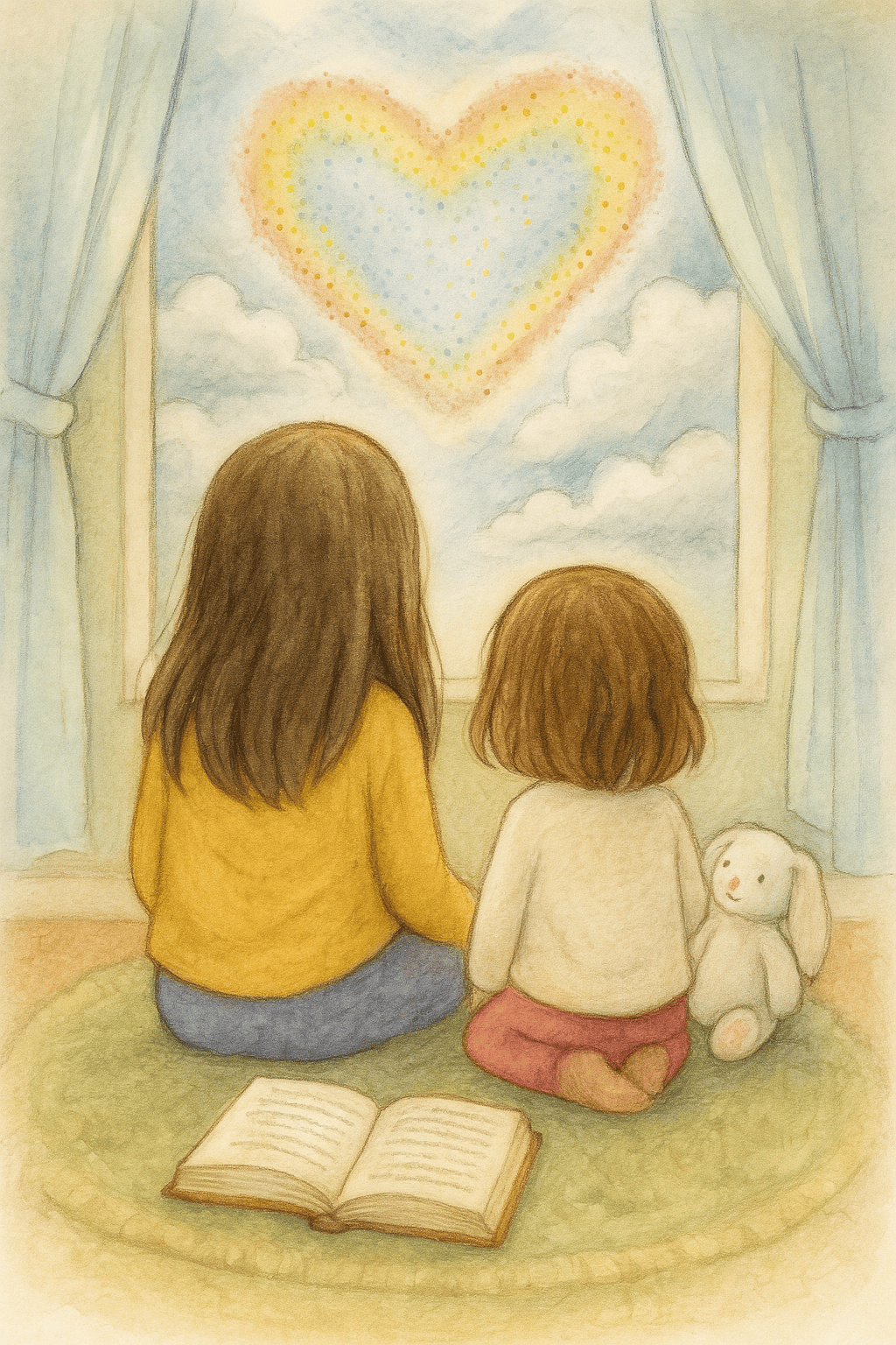 two sisters sit with their stuffed bunny looking at a rainbow heart in the sky through a window