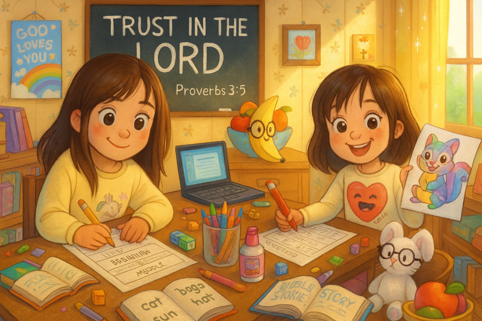 two young sisters homeschooling together with colorful worksheets, a rainbow squirrel drawing, and a plush bunny in a warm learning room with a chalkboard that says Trust in the Lord Proverbs 3:5
