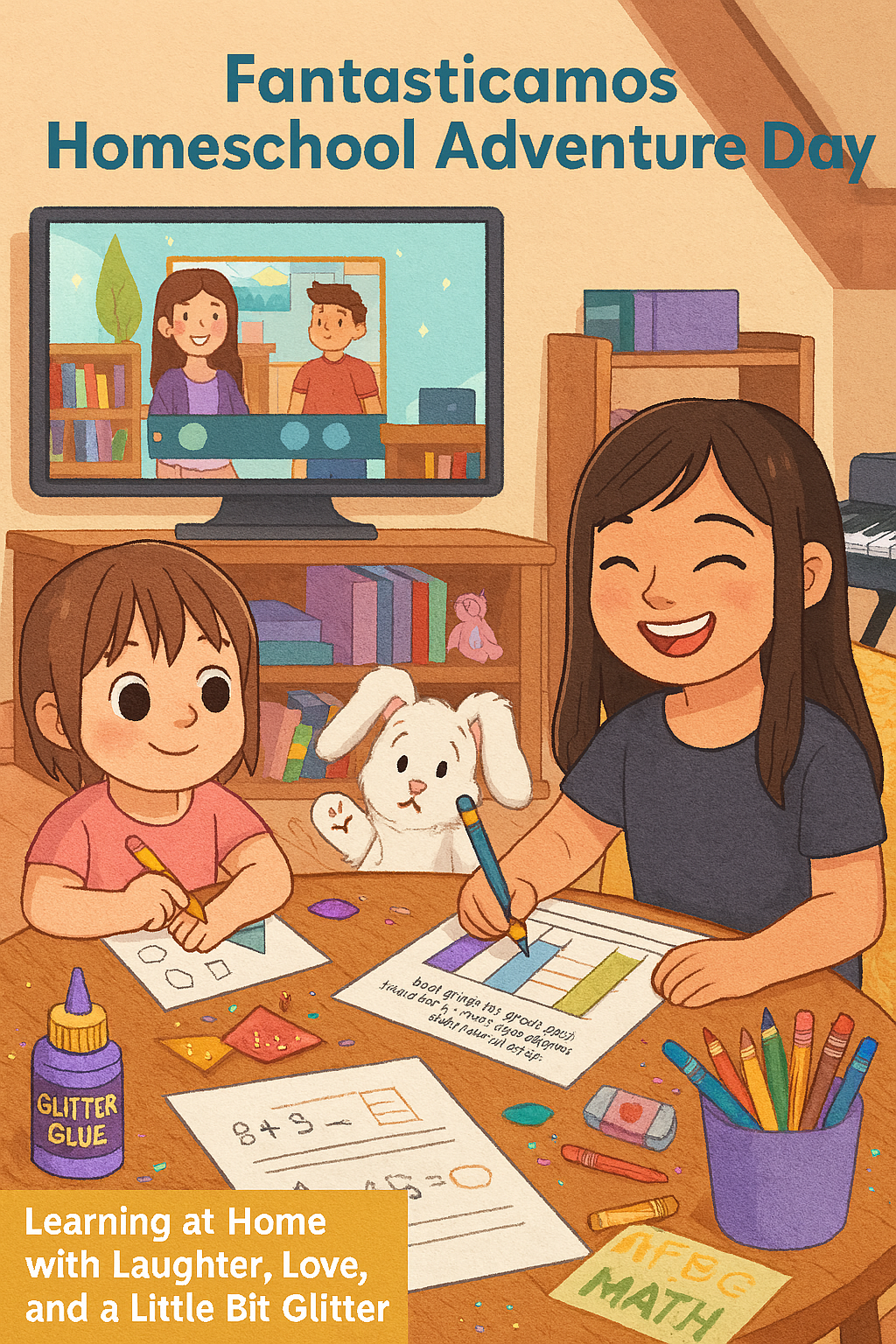 two young girls doing homeschool activities at a table with pencils and glitter glue while watching a learning video, white bunny plush between them