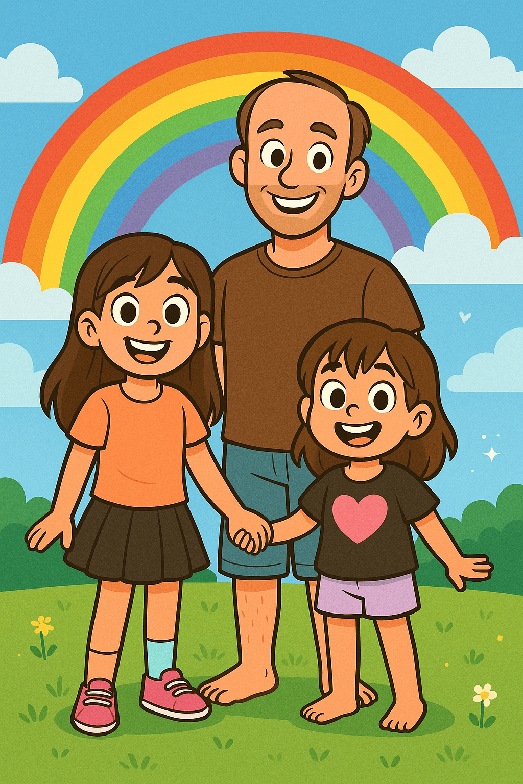 Cartoon-style illustration of a smiling father standing barefoot in a grassy field with his two daughters holding hands in front of a bright rainbow. The older daughter wears a peach shirt, black skirt, pink shoes, and one mint-green sock, while the younger daughter wears a black shirt with a pink heart and light purple shorts.