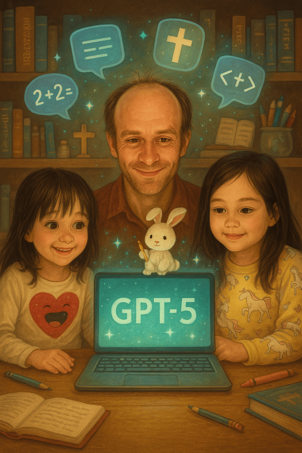 Daddy Ryan sits at a homeschool desk with Ariel and Alice on either side, smiling at a glowing GPT-5 laptop screen. A white bunny, Mr. Fluffernutter, sits on the laptop holding a pencil. Floating icons above them represent faith, math, blogging, and coding.