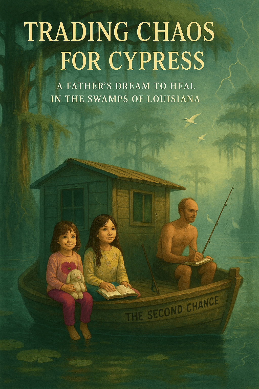 Family on a small houseboat in a Louisiana swamp, with two daughters reading and their father writing beside a fishing pole, surrounded by cypress trees and birds.