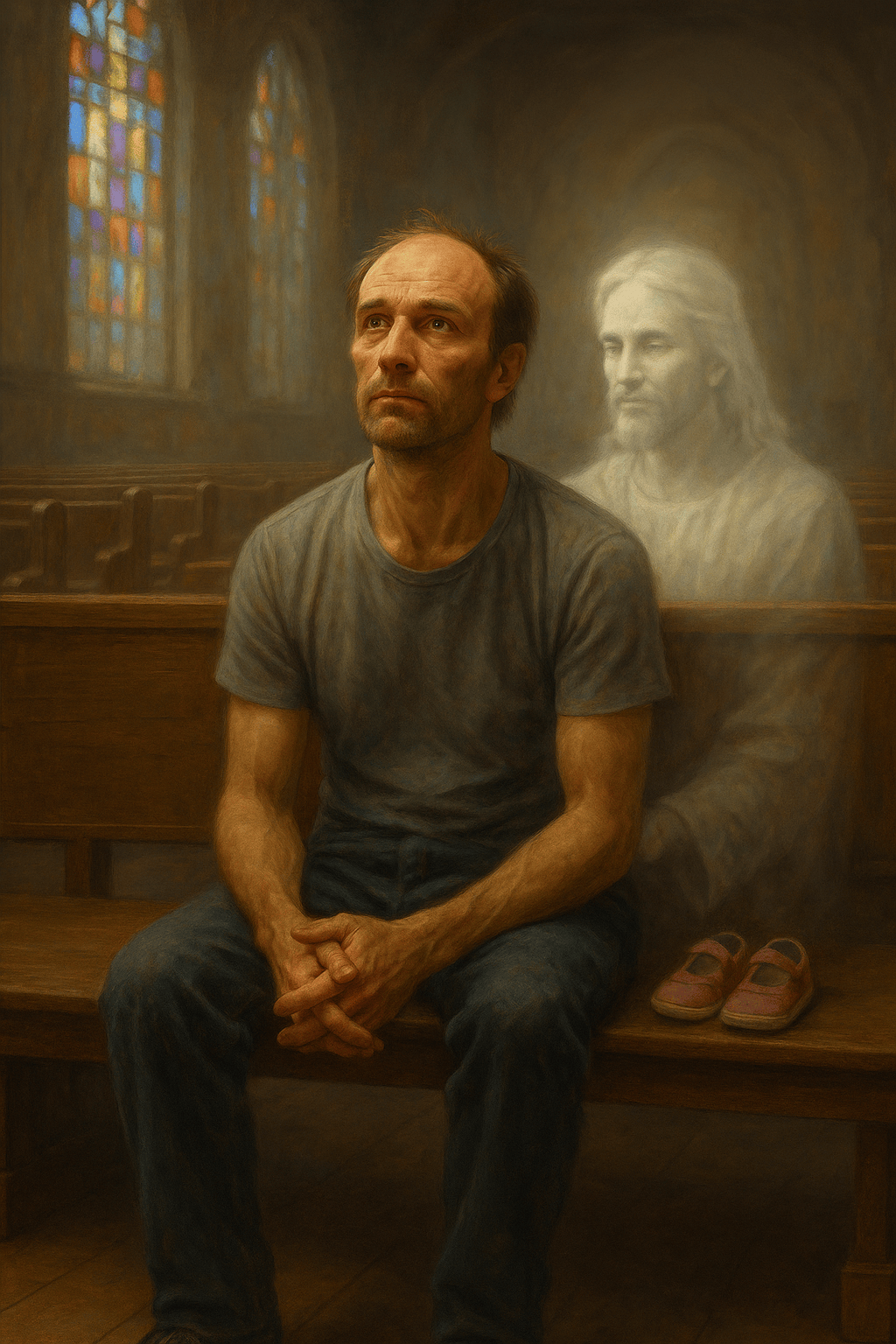 man sitting on church pew with Jesus's spirit behind him and empty shoes beside
