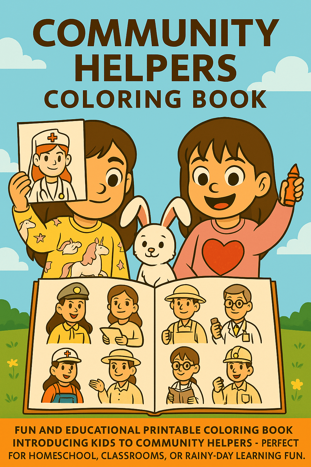 Community Helpers Coloring Book cover featuring two smiling girls, a white bunny, and illustrated pages of various community helper characters for kids