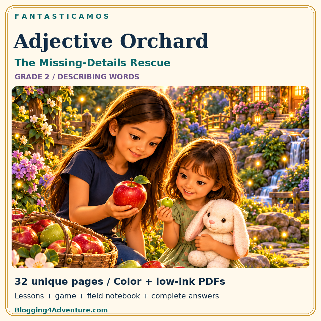 Ariel and Alice explore a blossoming orchard with a white plush bunny. Adjective Orchard, Grade 2, color and low-ink printable PDFs.