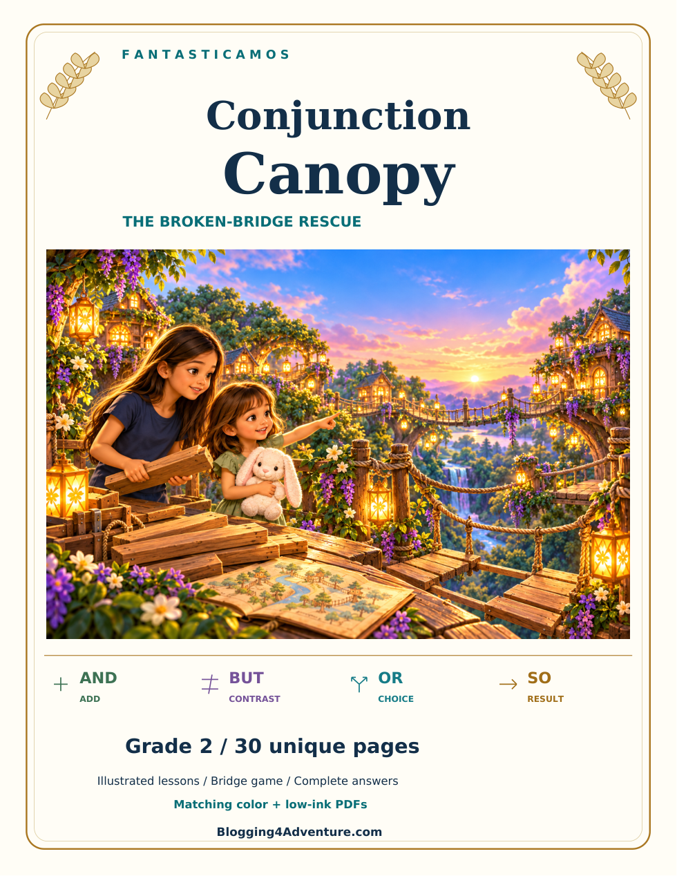 Botanical cover for Conjunction Canopy shows Ariel, Alice and their white bunny on a lantern-lit treehouse bridge.