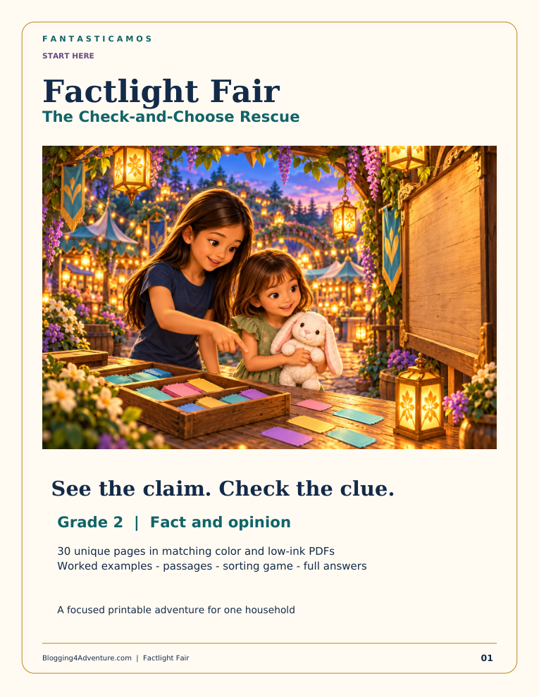 Factlight Fair cover: Ariel and Alice with one white plush bunny at a lantern-lit woodland fair. Grade 2 fact and opinion, 30 unique pages in color and low-ink PDFs.