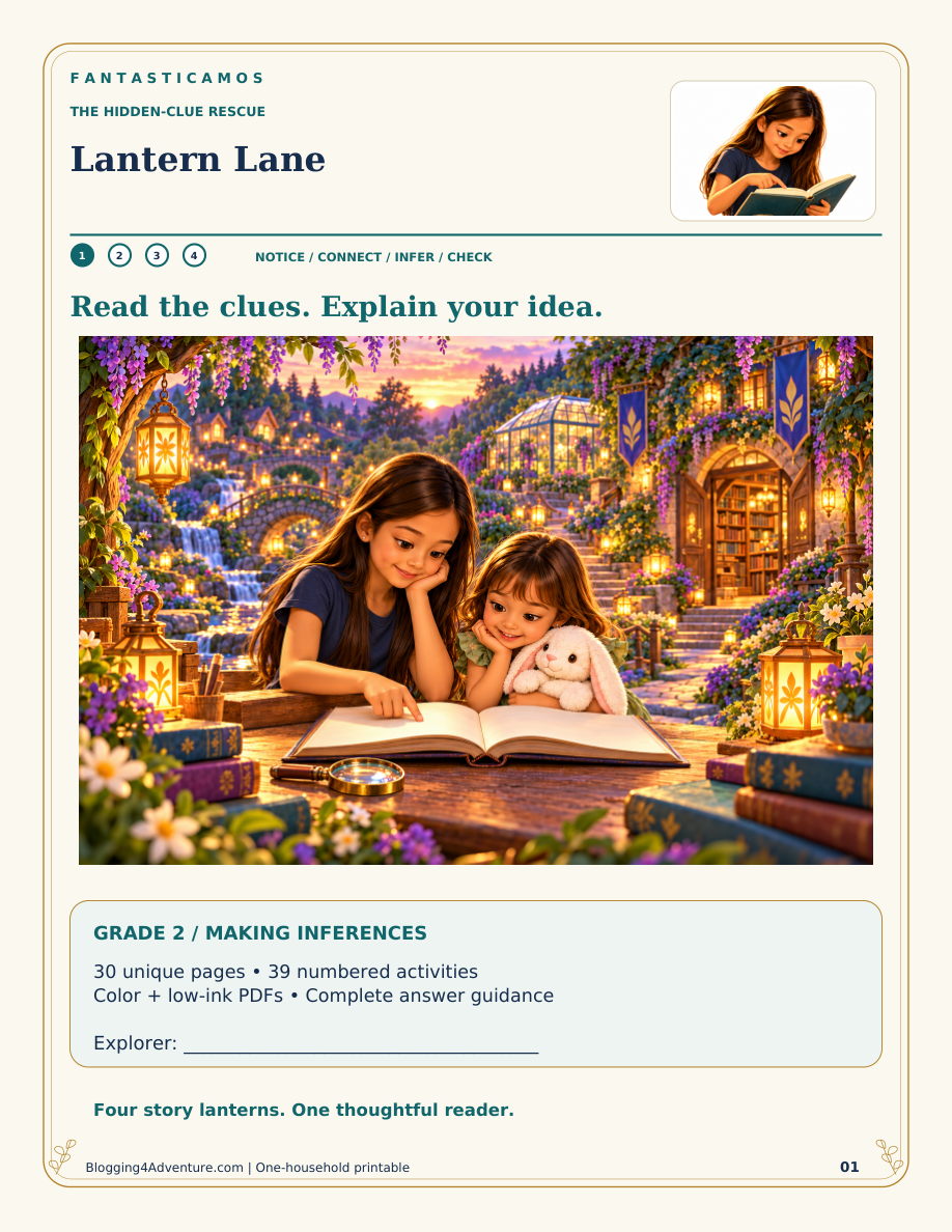 Fantasticamos Lantern Lane cover with Ariel and Alice reading beside a lantern and one white plush bunny. Grade 2, 30 unique pages.
