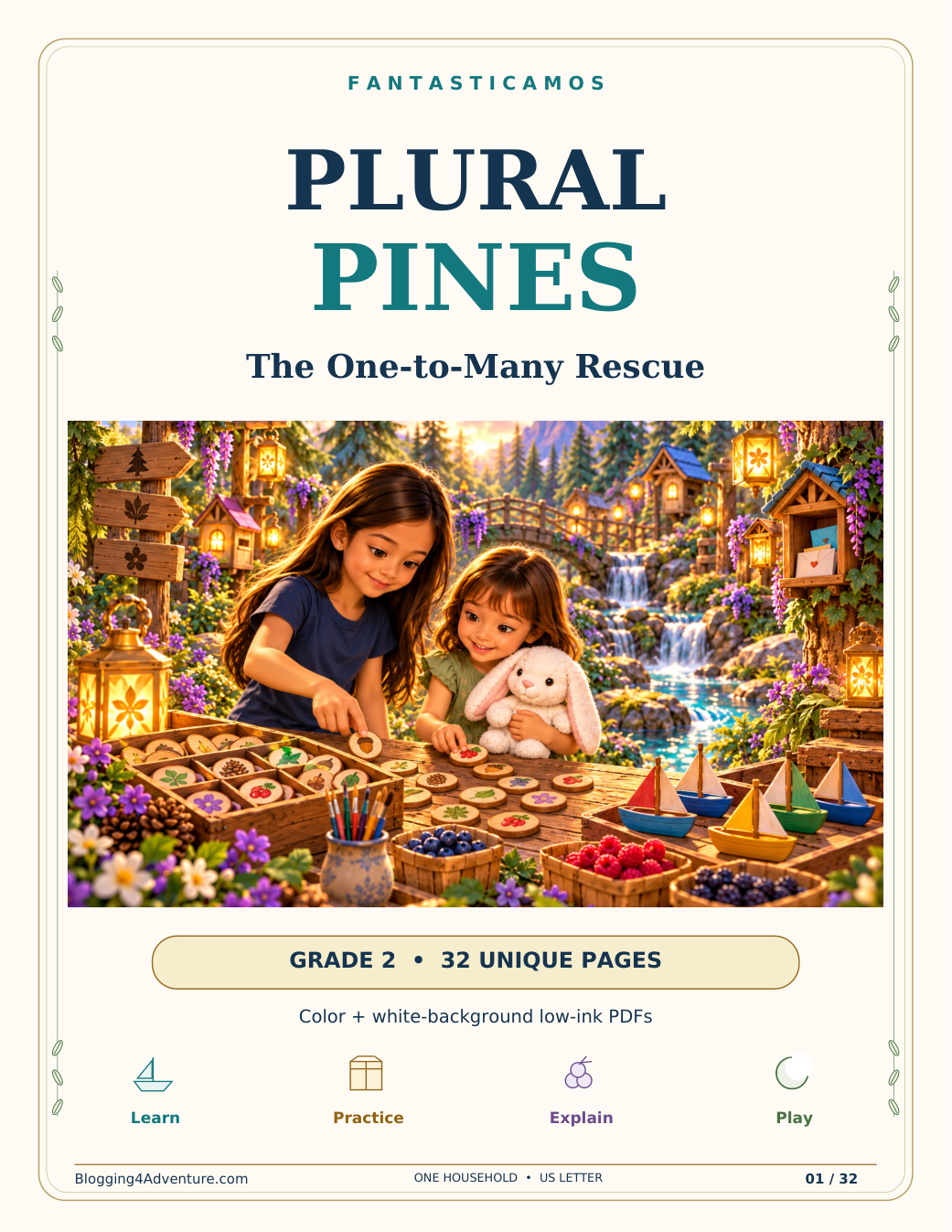 Cover of Plural Pines: The One-to-Many Rescue, a Grade 2 printable with 32 unique pages, four missions, a sorting game and complete answers in color and low-ink PDFs. Ariel and Alice sort woodland tokens with one plush white bunny.