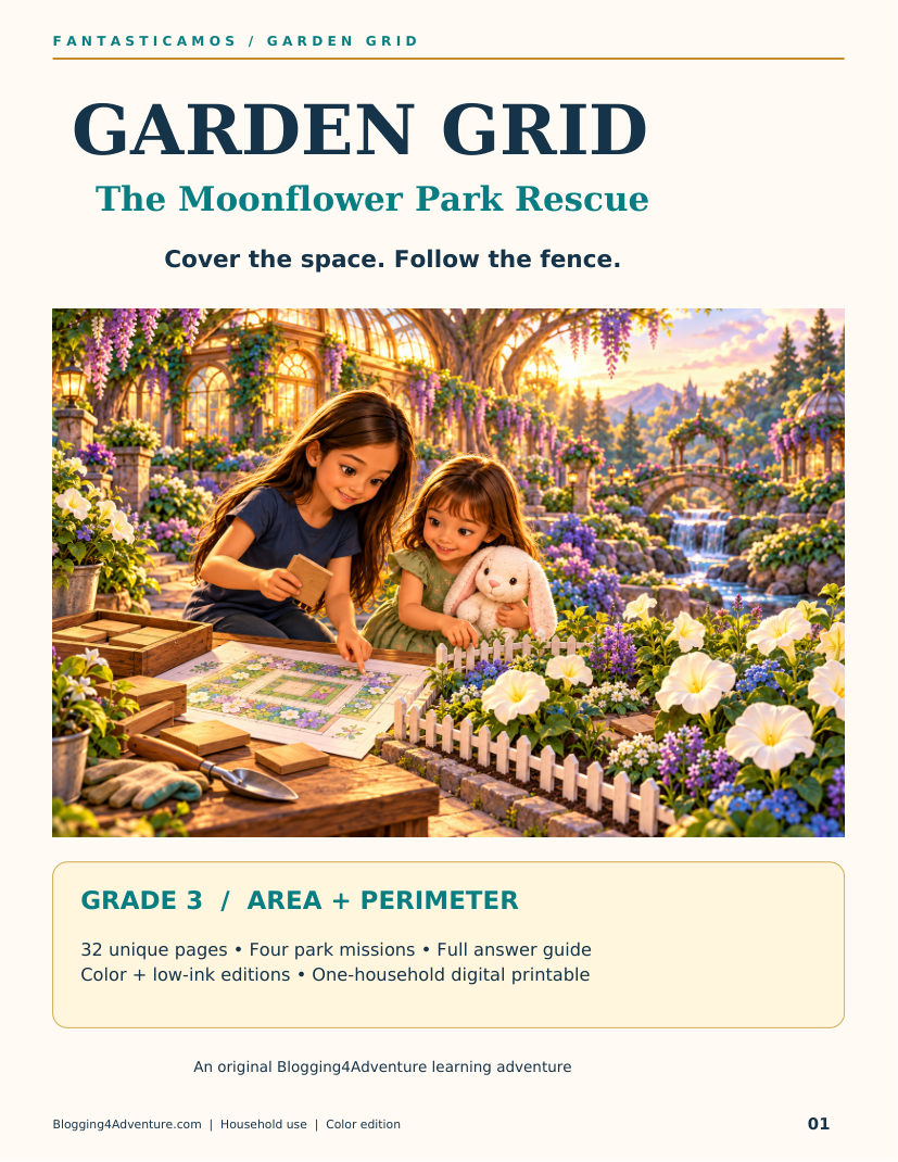 Garden Grid: The Moonflower Park Rescue cover with Ariel, Alice and one plush white bunny planning a flower garden; 32 unique pages in color and low-ink editions.