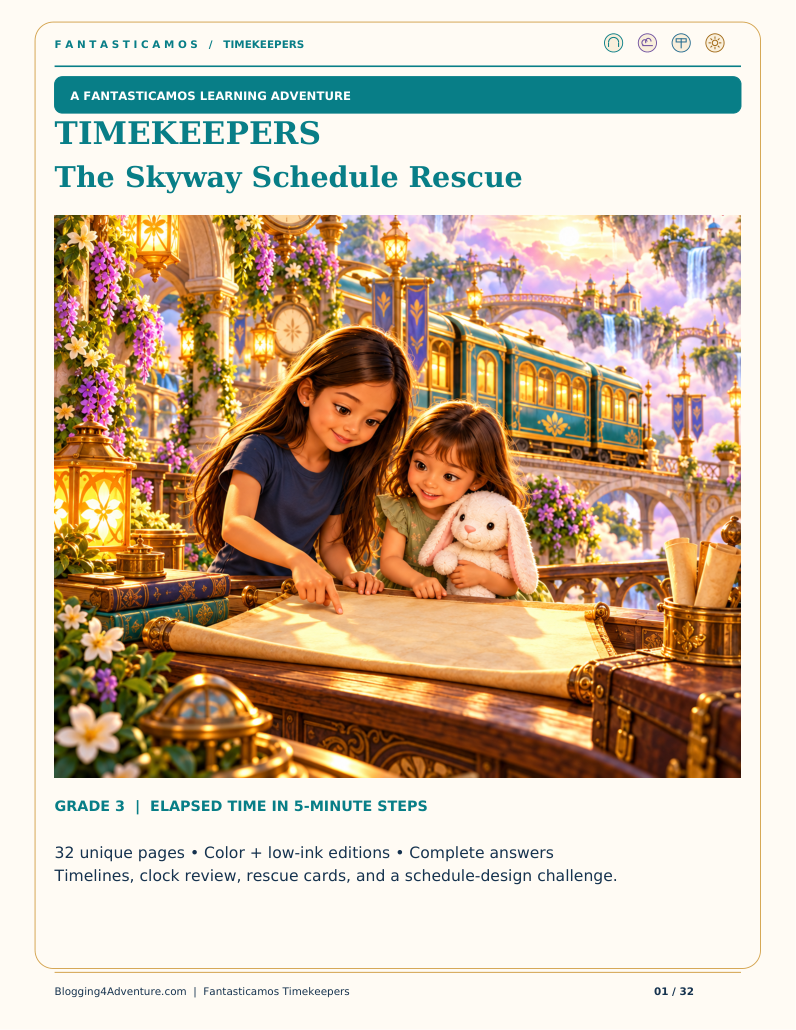 Cover of Fantasticamos Timekeepers: The Skyway Schedule Rescue. Grade 3 elapsed time in five-minute steps, with 32 unique pages in color and low-ink editions.