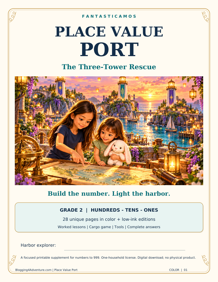 Place Value Port: The Three-Tower Rescue, Grade 2. Ariel and Alice with one white plush bunny explore a glowing harbor. Includes 28 unique pages in color and low-ink PDFs.