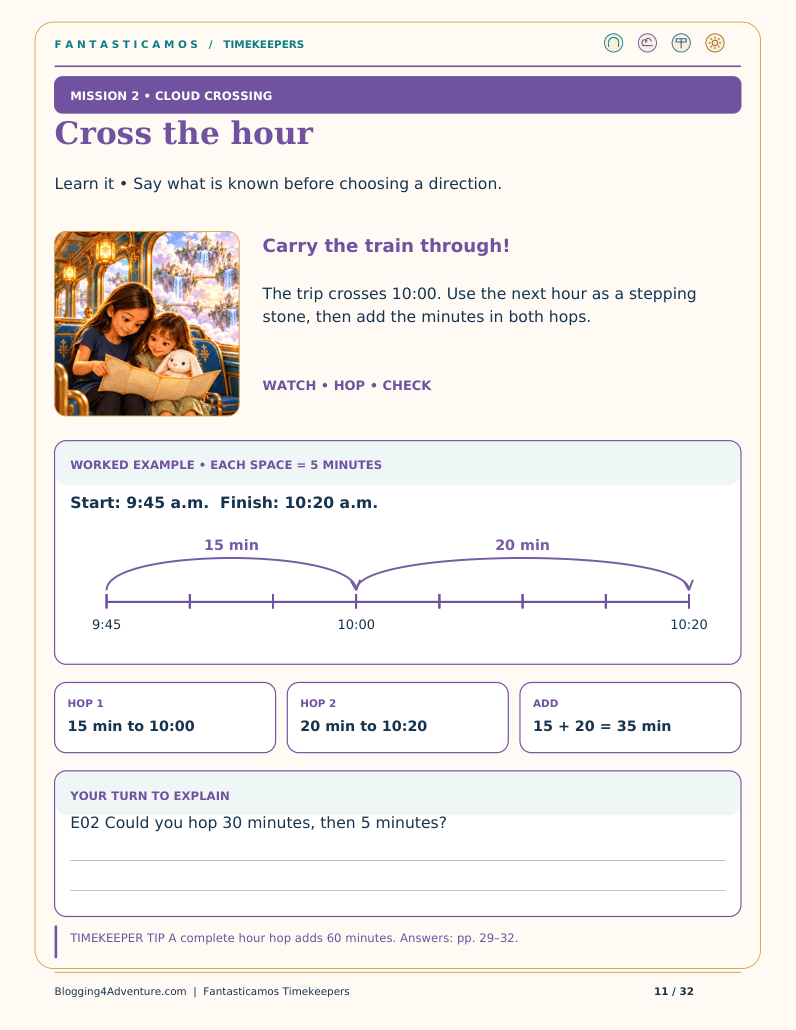 Illustrated Cloud Crossing lesson shows 9:45 to 10:20 with a 15-minute hop and a 20-minute hop, totaling 35 minutes.