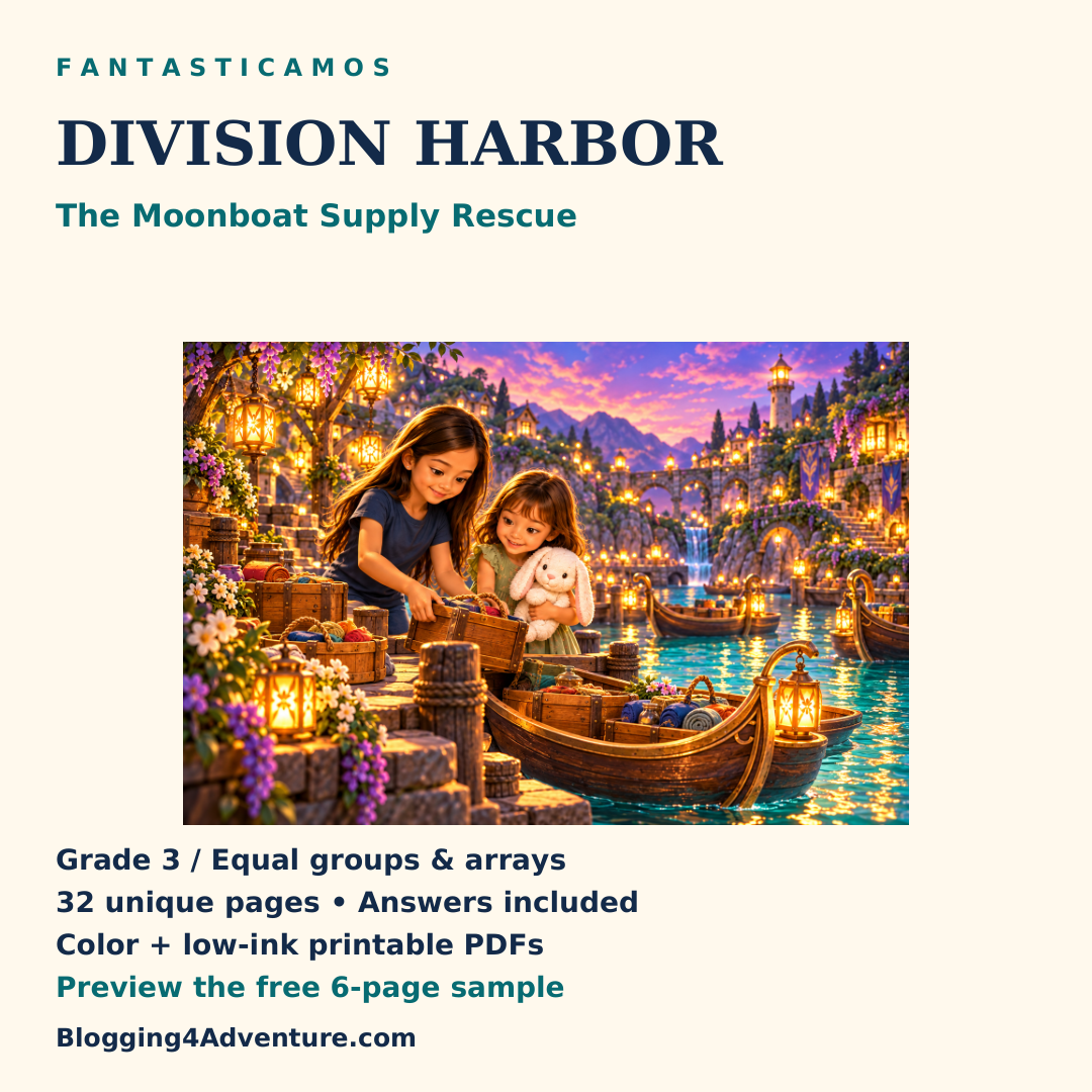 Fantasticamos Division Harbor: The Moonboat Supply Rescue. Ariel and Alice with one white plush bunny load harbor supplies. Text promotes Grade 3 equal groups and arrays, 32 unique pages, color and low-ink printable PDFs, answers and a free six-page sample.