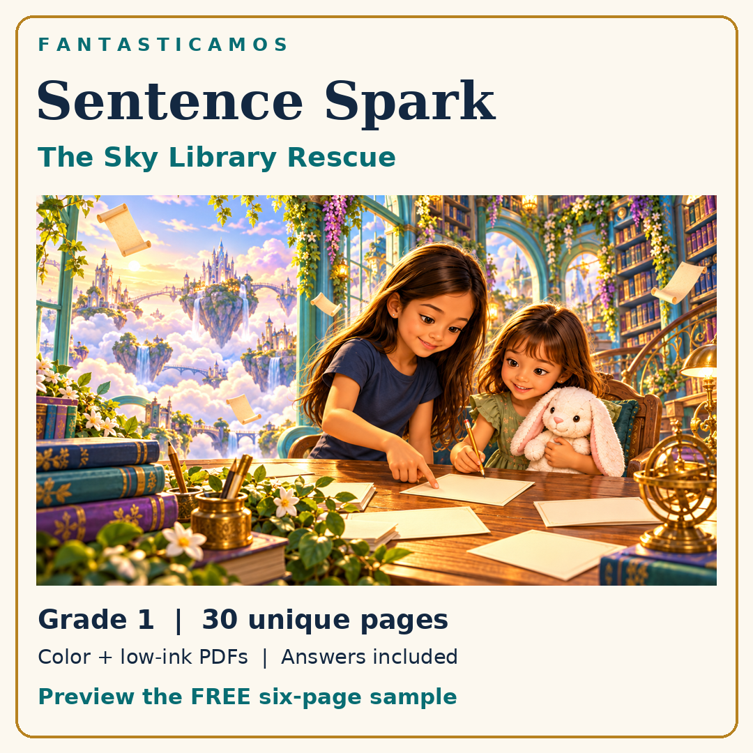 Ariel and Alice with one plush white bunny write in a sky library. Sentence Spark: The Sky Library Rescue, Grade 1, 30 unique pages, color and low-ink PDFs, answers included and a free six-page sample.