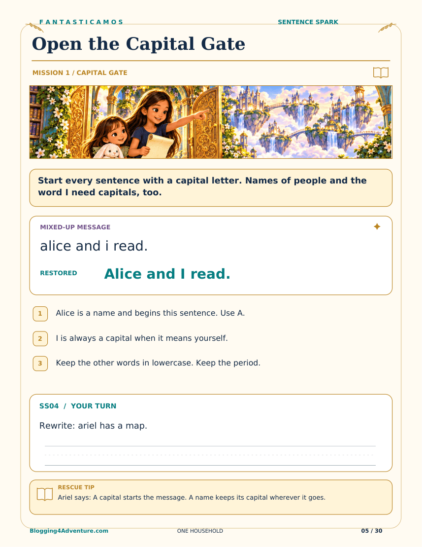 Actual lesson page shows alice and i read. changed to Alice and I read., three explanations and a handwriting task.