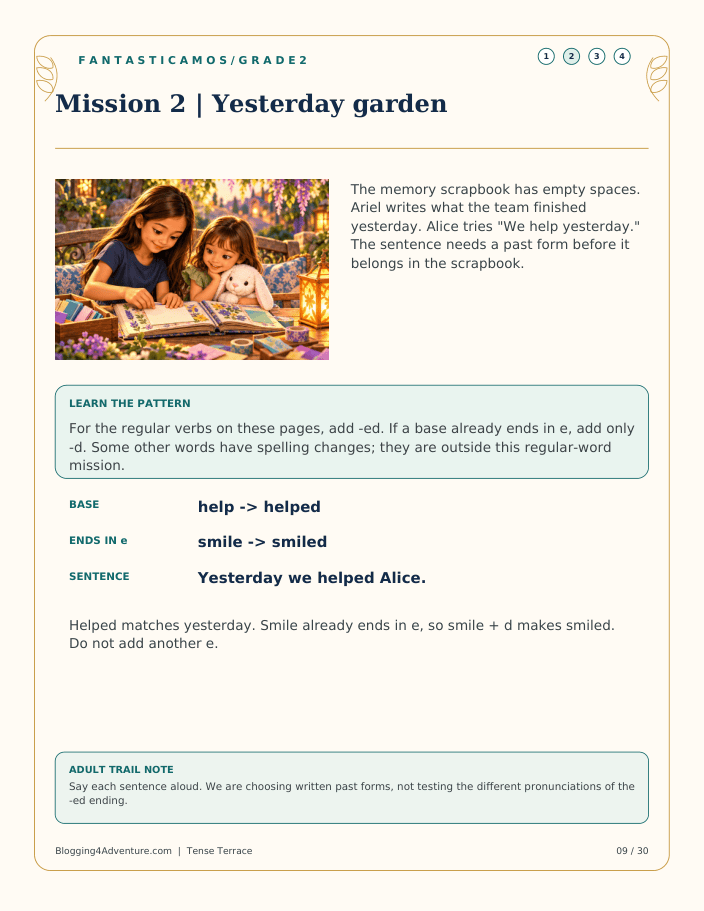 Actual Mission 2 lesson teaches help to helped and smile to smiled, with a yesterday sentence, illustrated scrapbook scene and adult guidance.