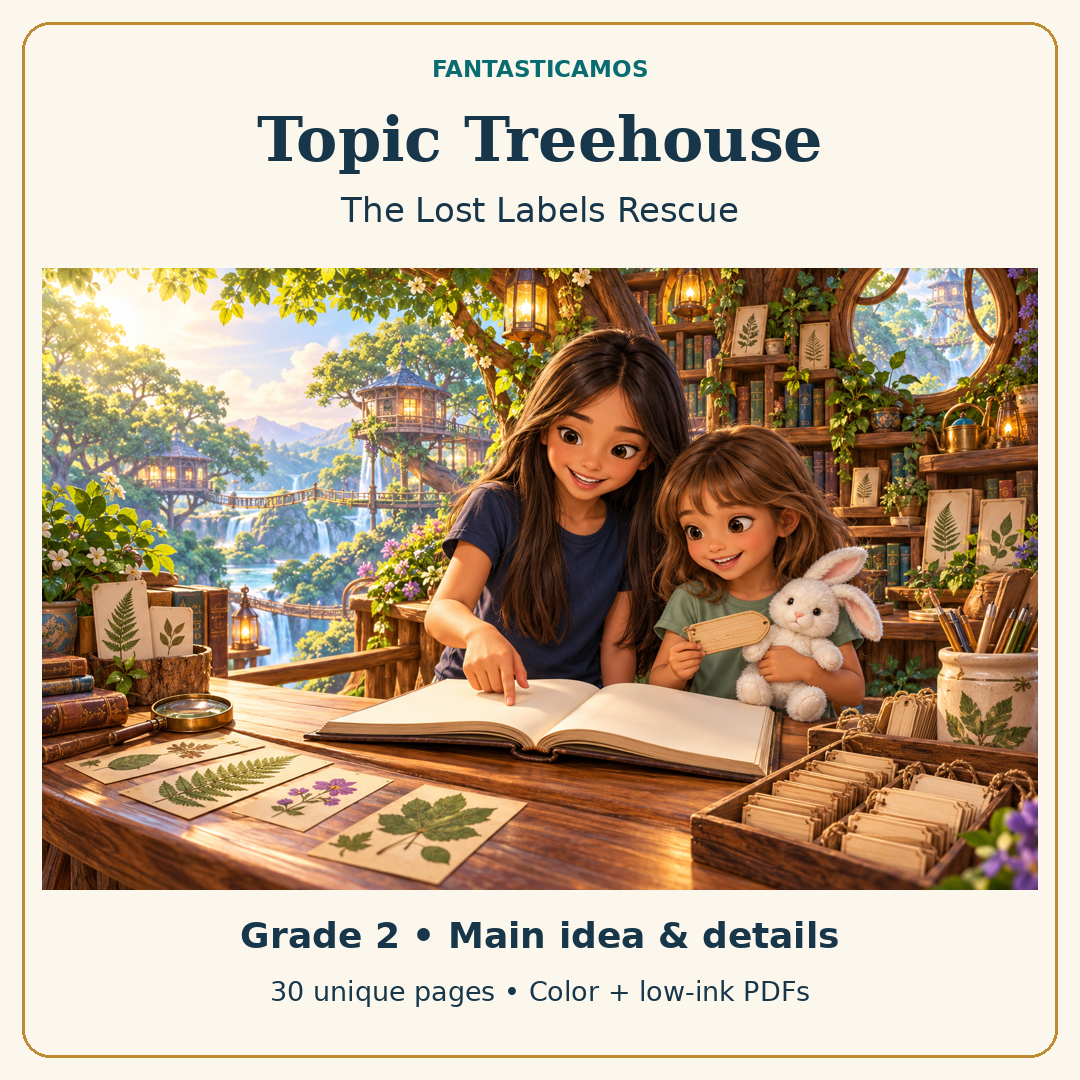 Fantasticamos Topic Treehouse: The Lost Labels Rescue. Ariel and Alice with one white plush bunny at a woodland treehouse desk. Grade 2 main idea and details; 30 unique pages in color and low-ink PDFs.