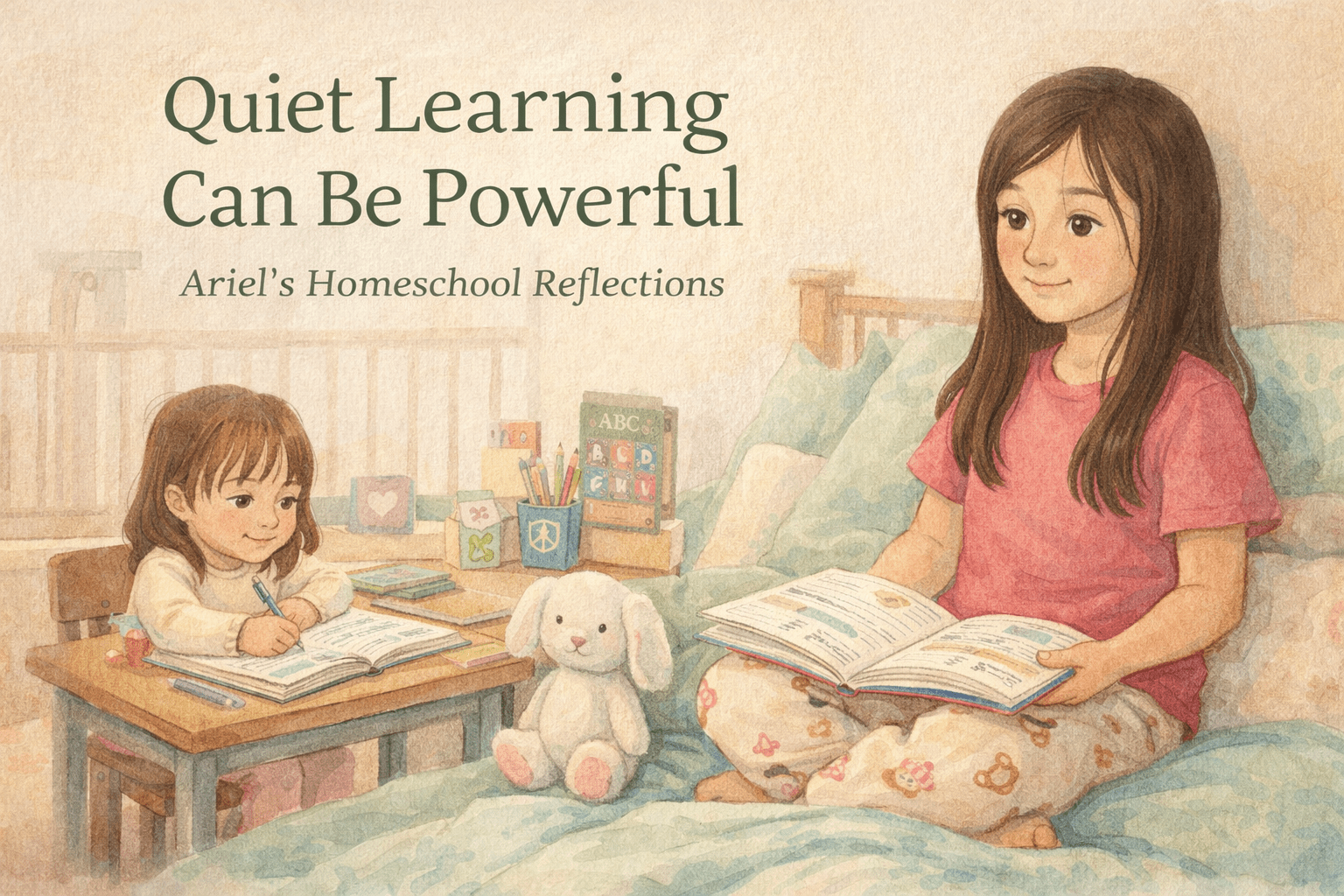 Ariel sits calmly in the homeschool loft working quietly while Alice learns nearby, showing how gentle homeschool environments support focused and peaceful learning.