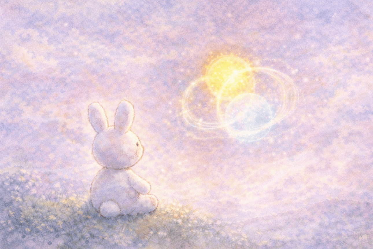 Small white bunny looking at glowing lights symbolizing the Trinity