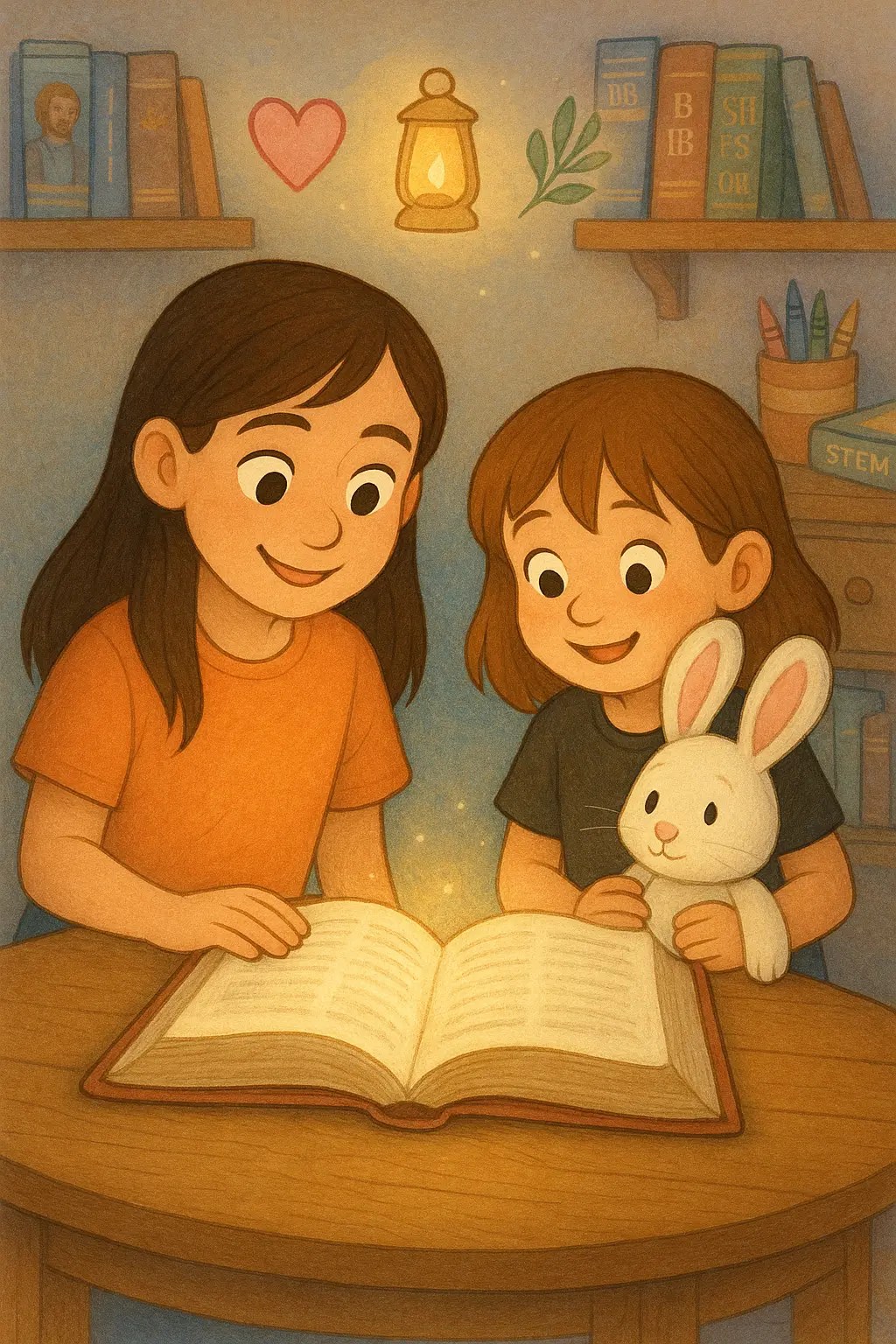 Ariel and Alice reading a glowing Bible together with Mr. Fluffernutter in a cozy homeschool setting, lantern and heart icons above them, warm faith-filled illustration.