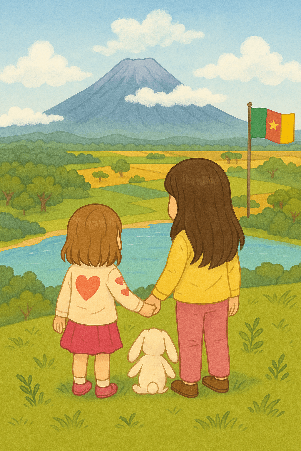 Ariel and Alice holding hands with their white bunny Mr. Fluffernutter overlooking Mount Cameroon with the Cameroon flag waving