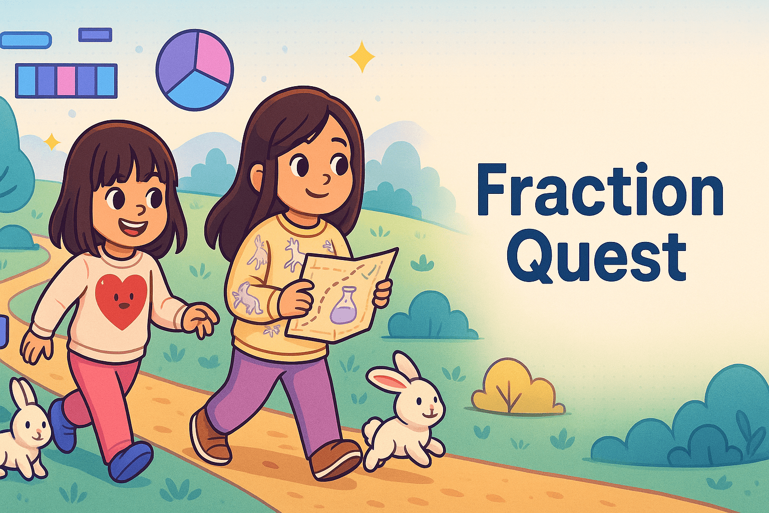 Two kids and bunnies follow a map past fraction icons—bar, pie, and beaker—on a sunny path for the Fraction Quest math game.