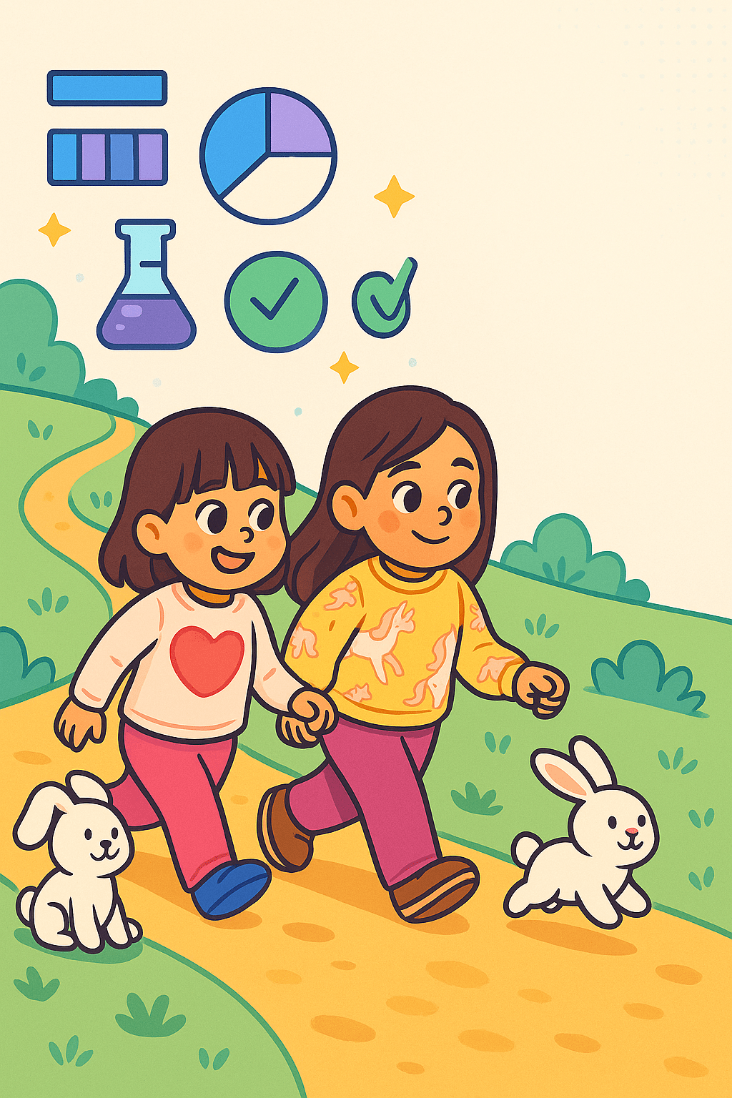 Alice, Ariel, and Mr. Fluffernutter walking on a cheerful park path with playful fraction icons floating above