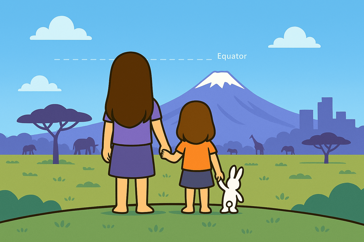 Back-view of Ariel, Alice, and Mr. Fluffernutter overlooking Mount Kenya with acacia trees, safari animals, and Nairobi skyline