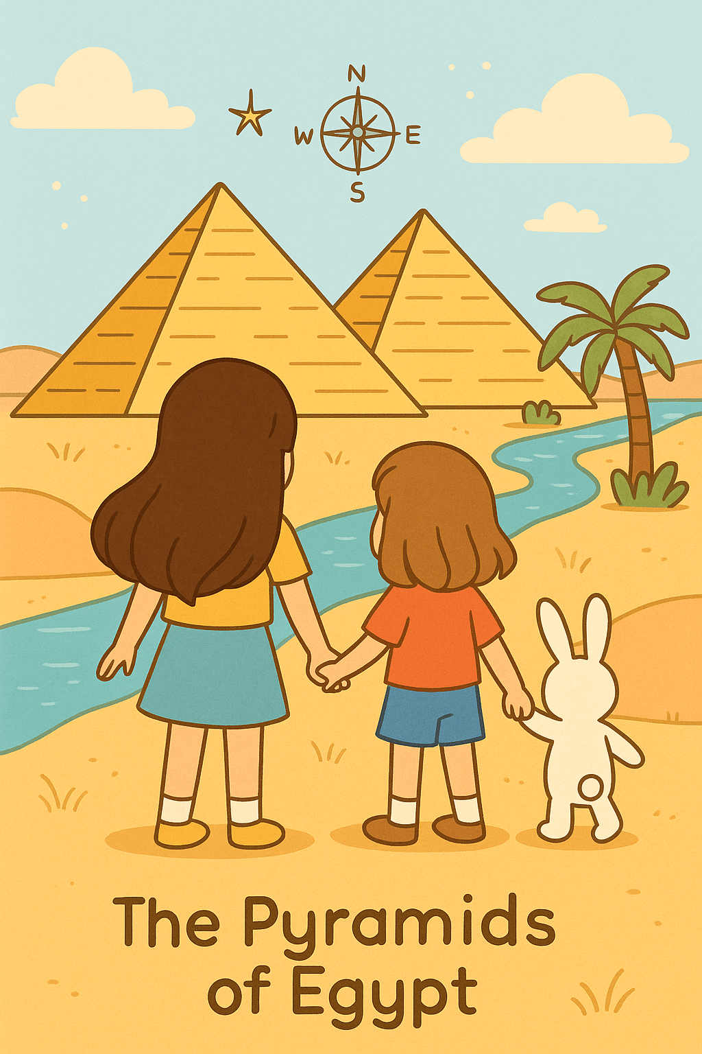 Two girls with a white bunny exploring the pyramids of Egypt, standing hand-in-hand by the Nile in a whimsical storybook illustration