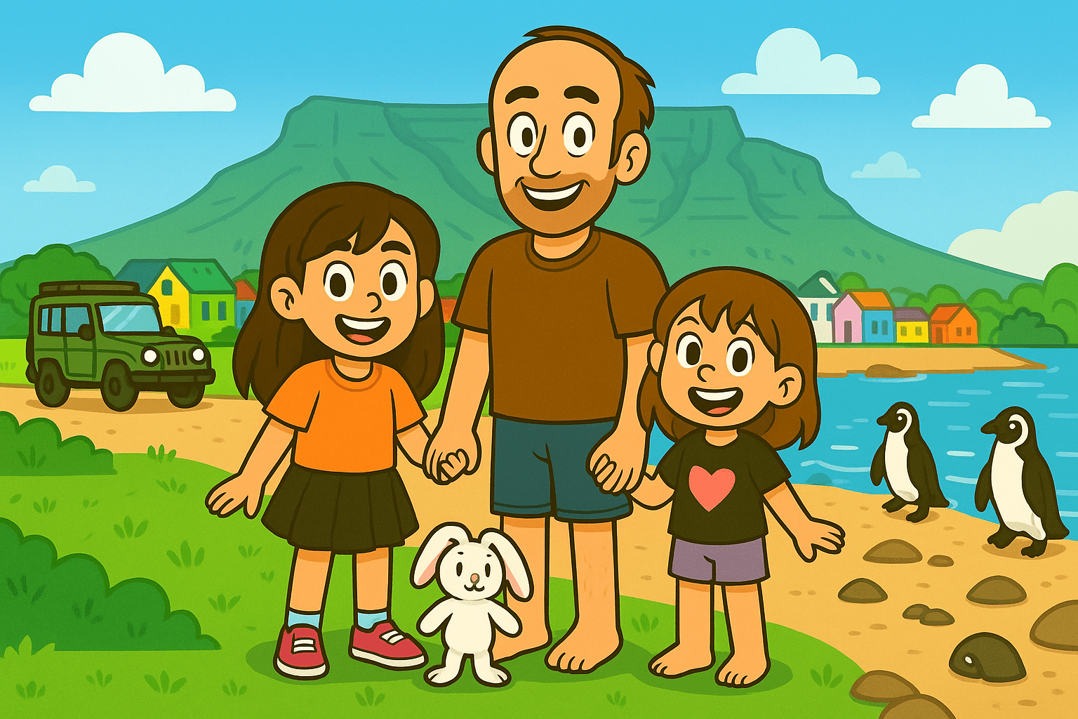 Family adventure illustration in South Africa featuring Daddy Ryan, Ariel, Alice, and Mr. Fluffernutter with Table Mountain, colorful houses, safari jeep, and penguins