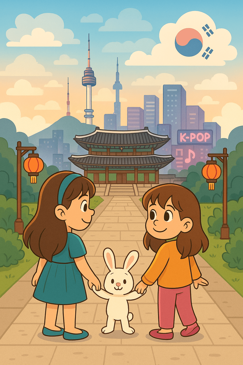 Whimsical cartoon of Ariel, Alice, and Fluffernutter in Seoul with lanterns, palace gate, Namsan Tower, K-Pop signs, and Korean flag clouds.