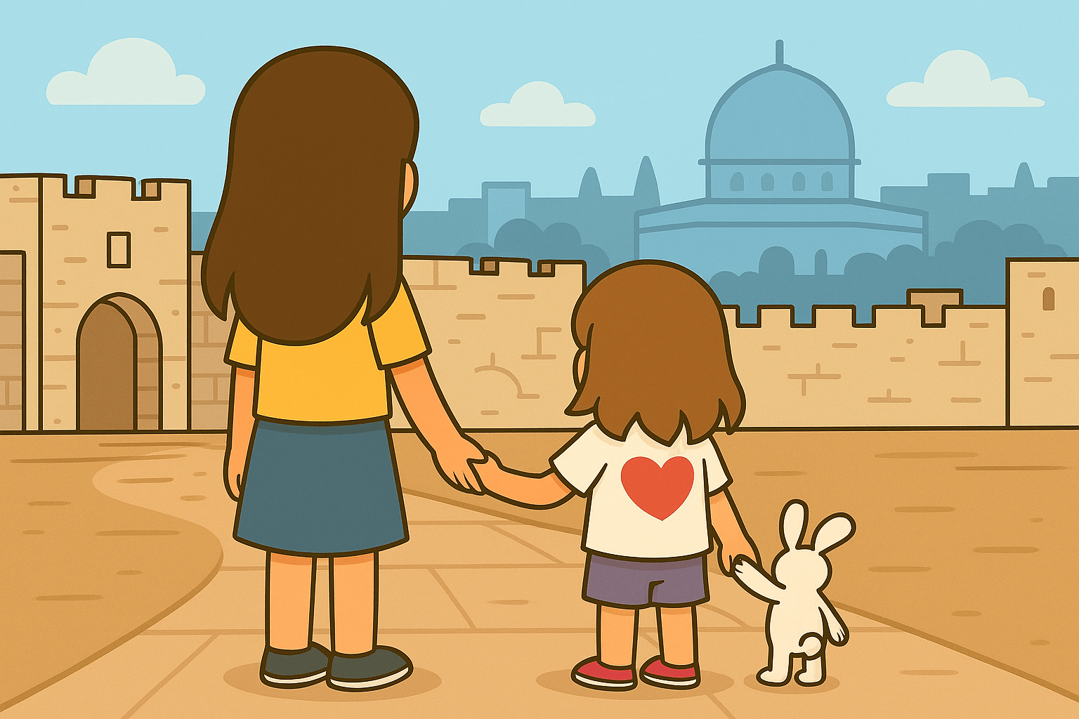 Back-view of Ariel, Alice, and their white bunny overlooking Jerusalem’s Old City with Dome of the Rock silhouette, kid-friendly vector illustration