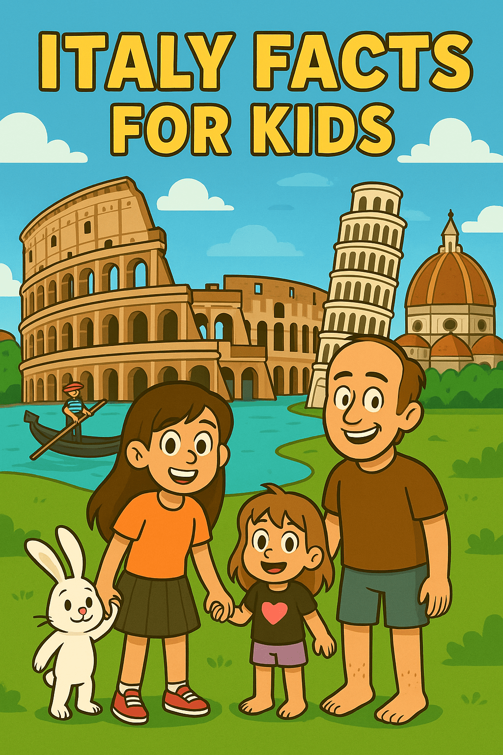 Featured image of Ariel, Alice, Daddy Ryan, and Mr. Fluffernutter exploring Italy with landmarks Colosseum, Leaning Tower of Pisa, Venice gondola, and Florence’s dome