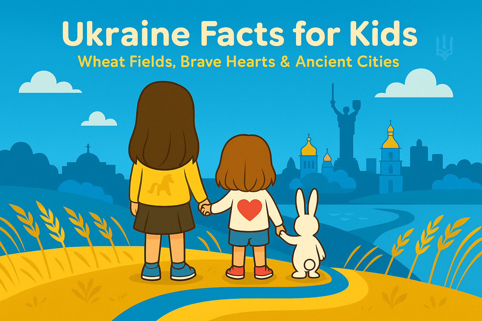 Back-view illustration of Ariel, Alice, and Mr. Fluffernutter holding hands on a hill overlooking Kyiv skyline with golden domes, the Motherland Monument, wheat fields, and a blue-and-yellow ribbon path, titled “Ukraine Facts for Kids.”