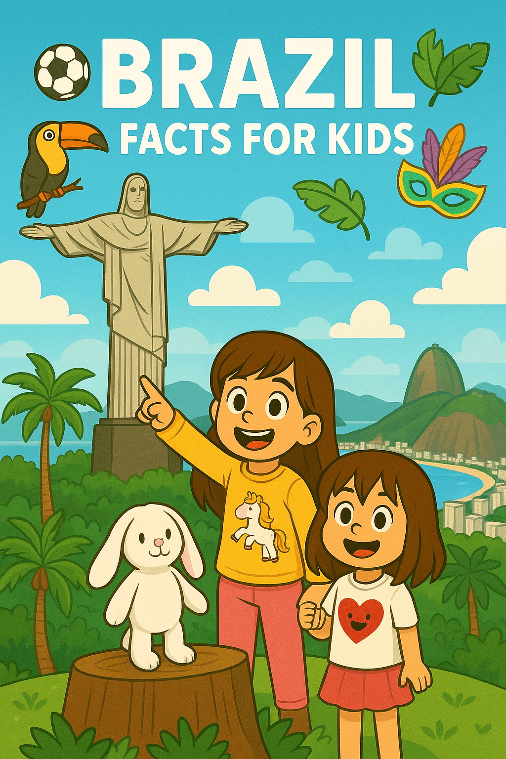 Storybook-style illustration of Ariel in a yellow unicorn sweater, Alice in a white shirt with red sequin heart, and Mr. Fluffernutter the white bunny standing in front of Christ the Redeemer statue in Rio de Janeiro with Sugarloaf Mountain, palm trees, and playful icons of soccer ball, toucan, carnival mask, and rainforest leaf, with title text “Brazil Facts for Kids.”
