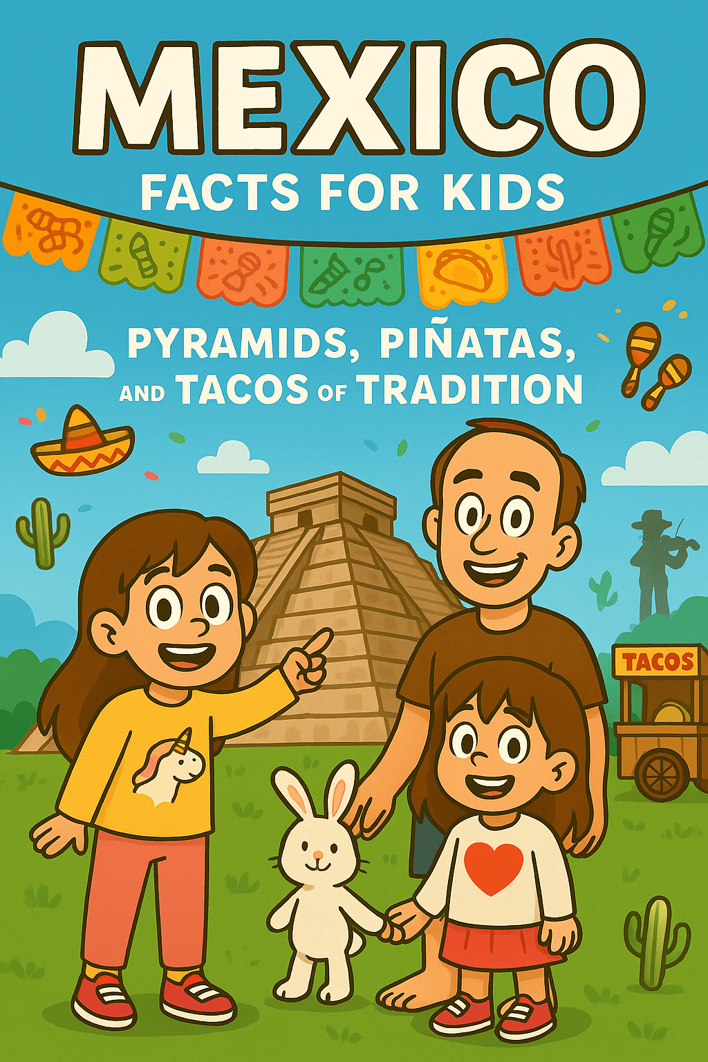 Family travel illustration in front of Chichen Itza pyramid with Ariel in yellow unicorn sweater, Alice in white shirt with red heart holding Mr. Fluffernutter the white bunny, and Daddy Ryan smiling, papel picado banners, taco cart, and mariachi silhouette, title Mexico Facts for Kids: Pyramids, Piñatas, and Tacos of Tradition