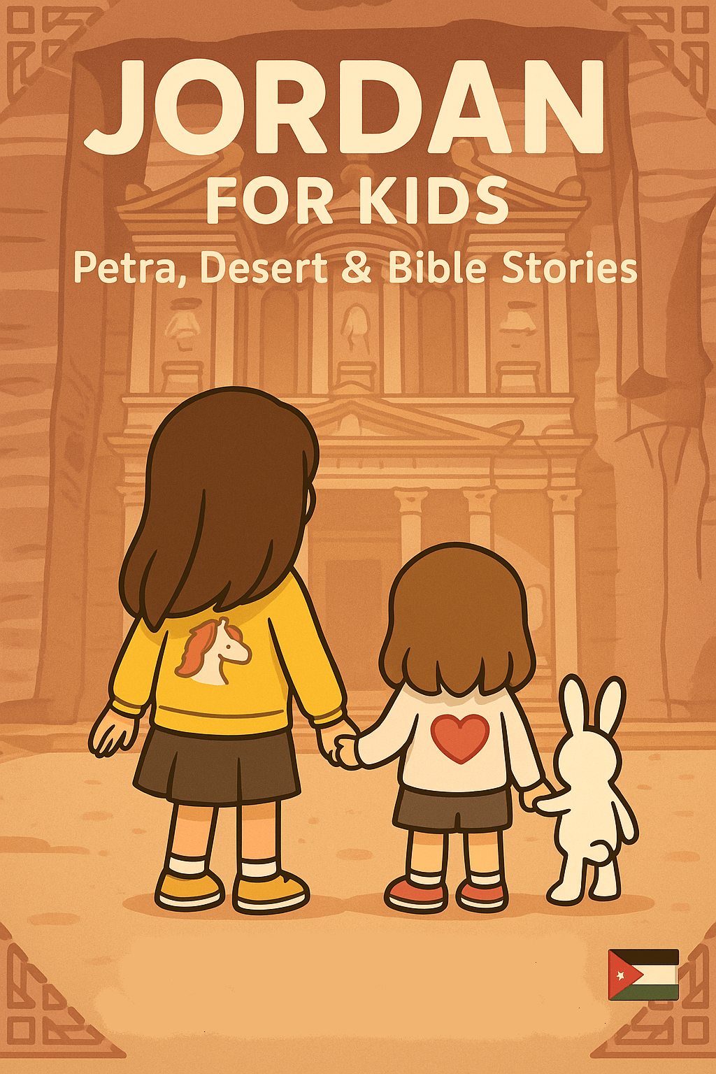 Back-view illustration of two sisters and white stuffed bunny at Petra’s Treasury in Jordan, storybook flat-vector style, educational family travel featured image
