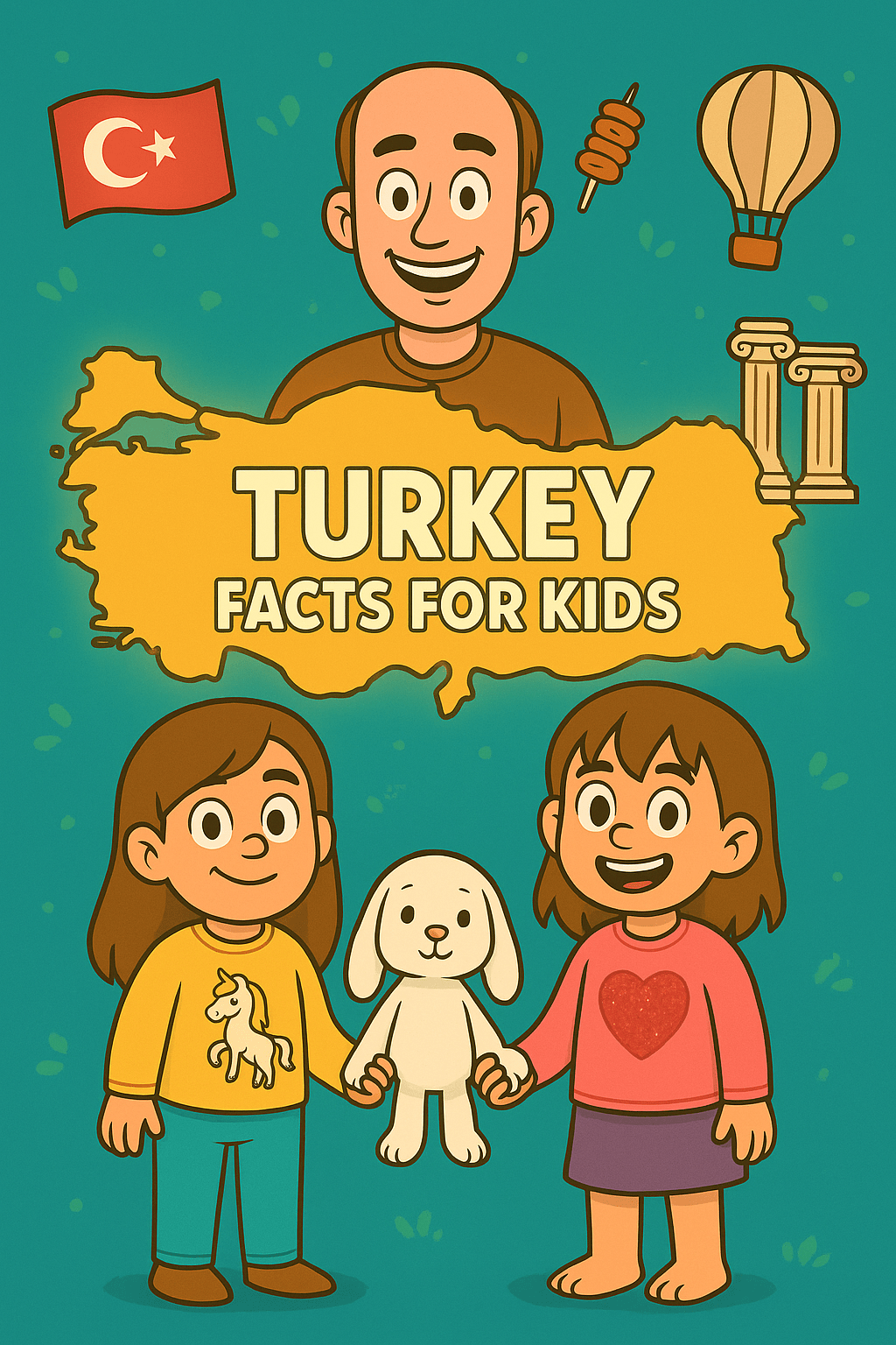 Turkey Facts for Kids featured image with Ariel in yellow unicorn sweater, Alice in pink heart shirt holding Mr. Fluffernutter the white bunny, Daddy Ryan smiling behind them, glowing map of Turkey in background, and floating icons of Turkish flag, kebab, hot air balloon, and ancient columns.