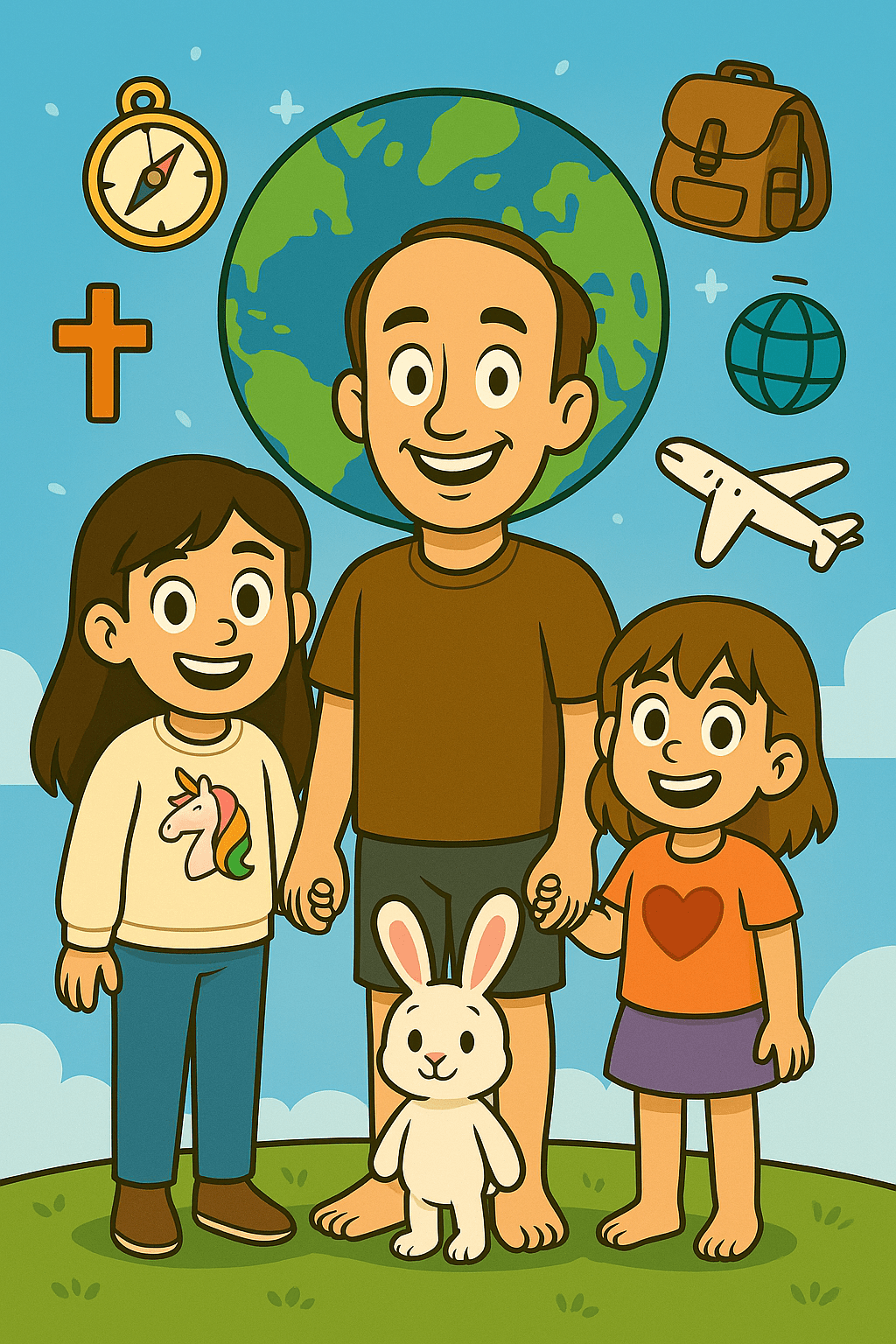 Cartoon family with globe and travel icons — Daddy Ryan, Ariel, Alice, and Mr. Fluffernutter