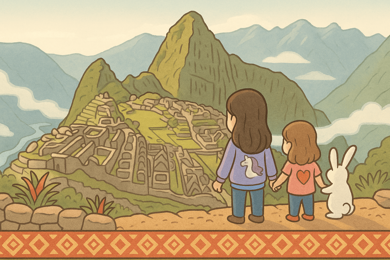 Peru for Kids hero image—Machu Picchu from an overlook with two sisters (back view) and a white bunny; terraced Andes ruins, misty valley, Urubamba River, storybook style