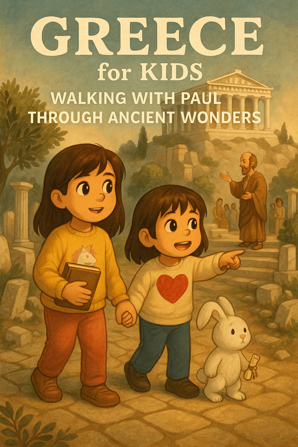 Ariel, Alice, and Mr. Fluffernutter explore ancient Greece on a cobblestone path as Paul preaches near the Parthenon; storybook-style illustration titled “Greece for Kids: Walking with Paul Through Ancient Wonders.”