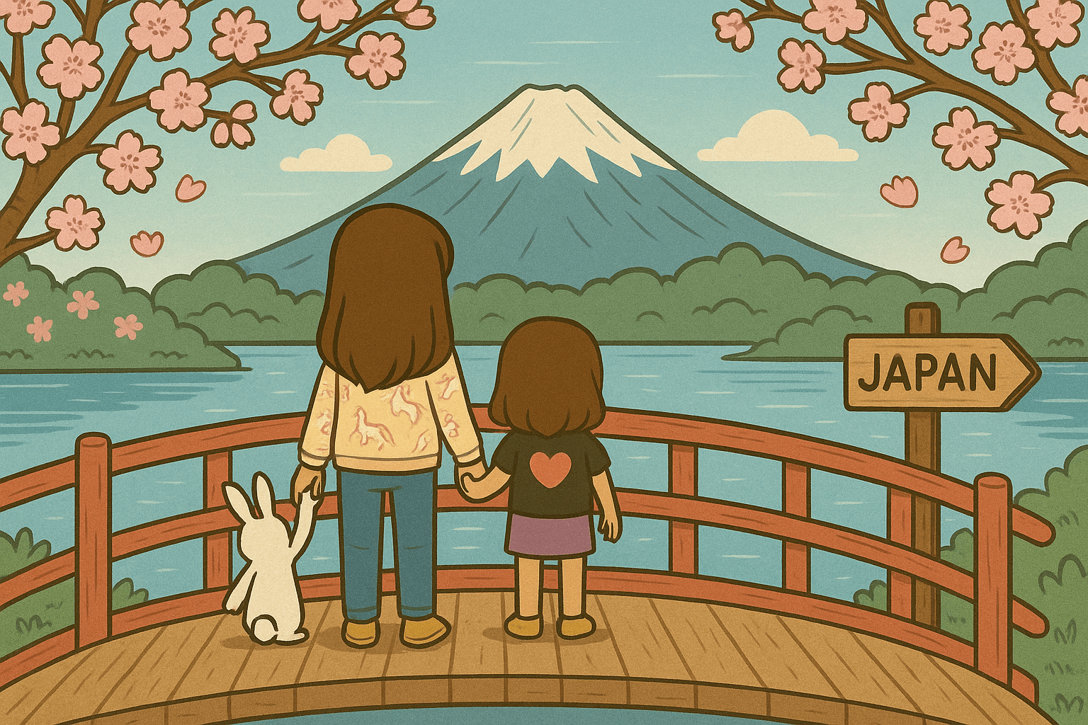 Storybook scene of Ariel (unicorn sweater), Alice (heart shirt), and Mr. Fluffernutter standing from behind on a red bridge over still water, looking at snow-capped Mount Fuji; cherry blossom branches frame the top corners and a small wooden sign reads Japan.