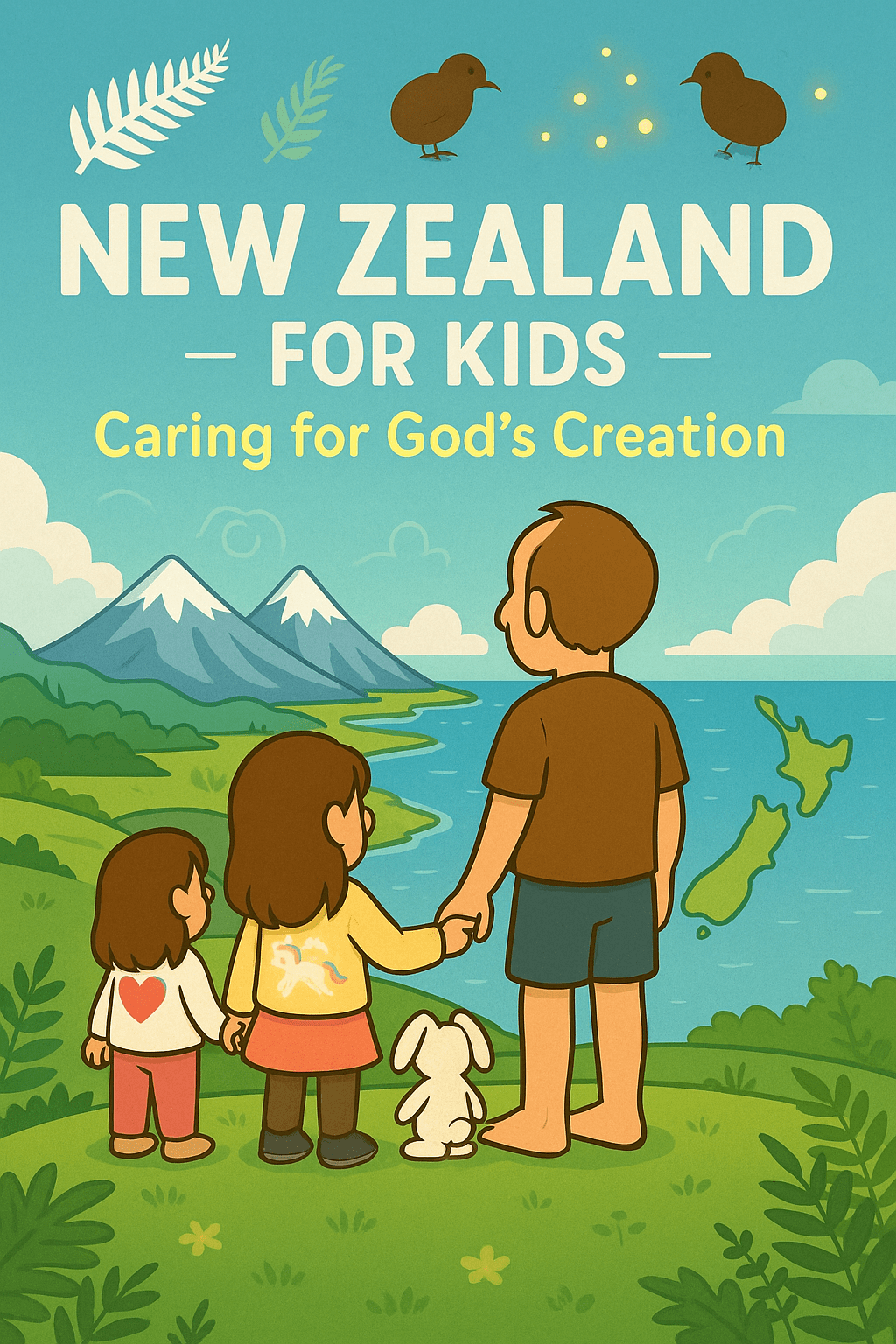 storybook-style family illustration of Ariel, Alice, Mr. Fluffernutter, and Daddy Ryan standing on a green hill overlooking New Zealand’s North and South Islands with mountains, kiwi birds, and glowworm lights