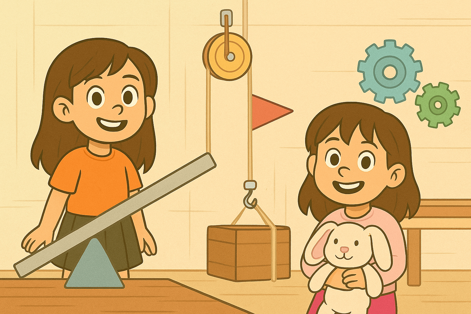 Ariel, Alice, and Mr. Fluffernutter exploring levers, pulleys, and gears in a whimsical workshop