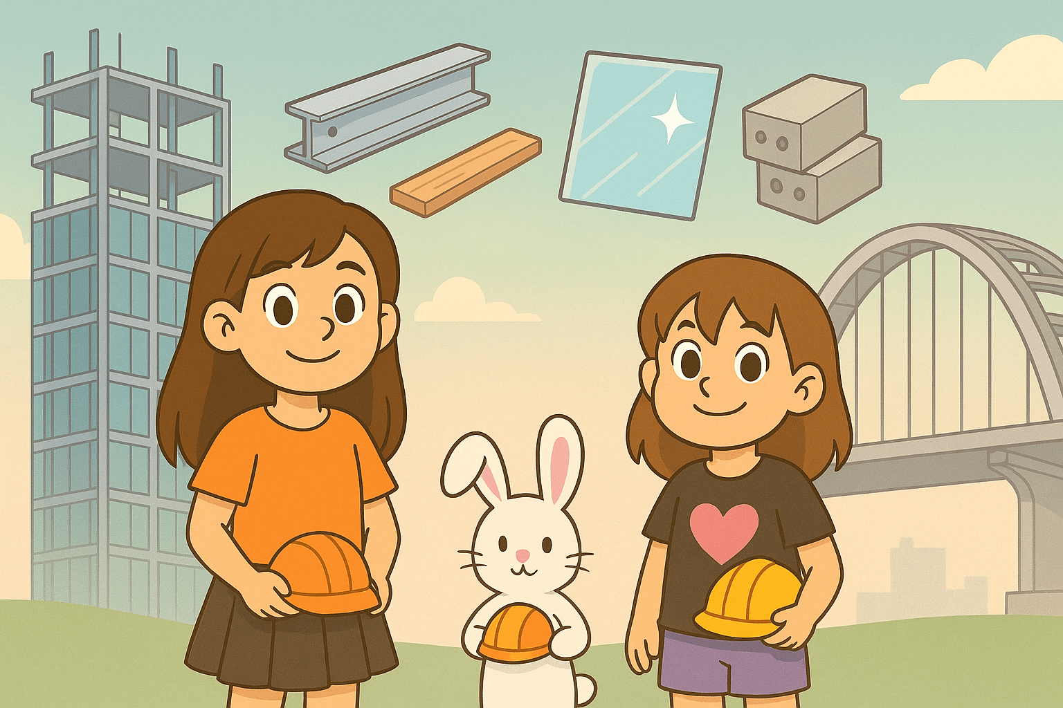 Ariel, Alice, and Mr. Fluffernutter exploring engineering materials with skyscraper and bridge