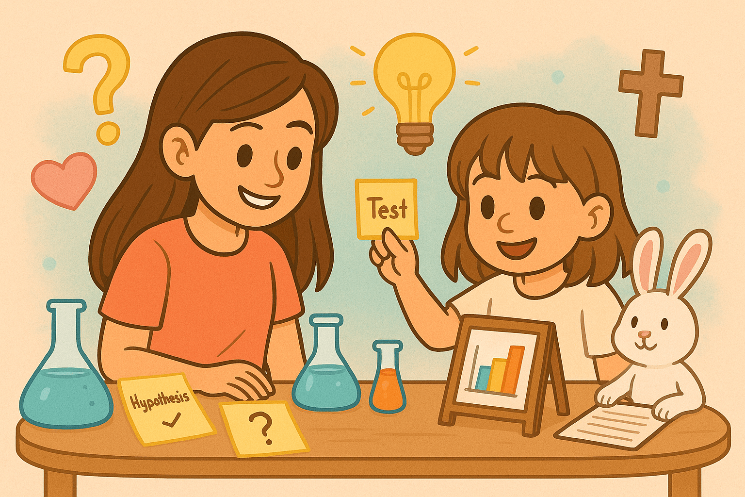 Ariel and Alice with Mr. Fluffernutter the bunny at a kid-friendly science lab bench, pastel storybook style, with space for a page title.