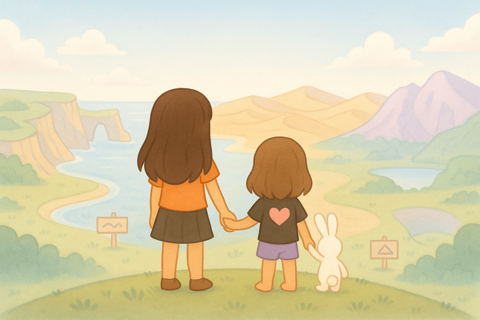 Ariel, Alice, and Mr. Fluffernutter observing landscapes shaped by erosion and weathering in a pastel banner