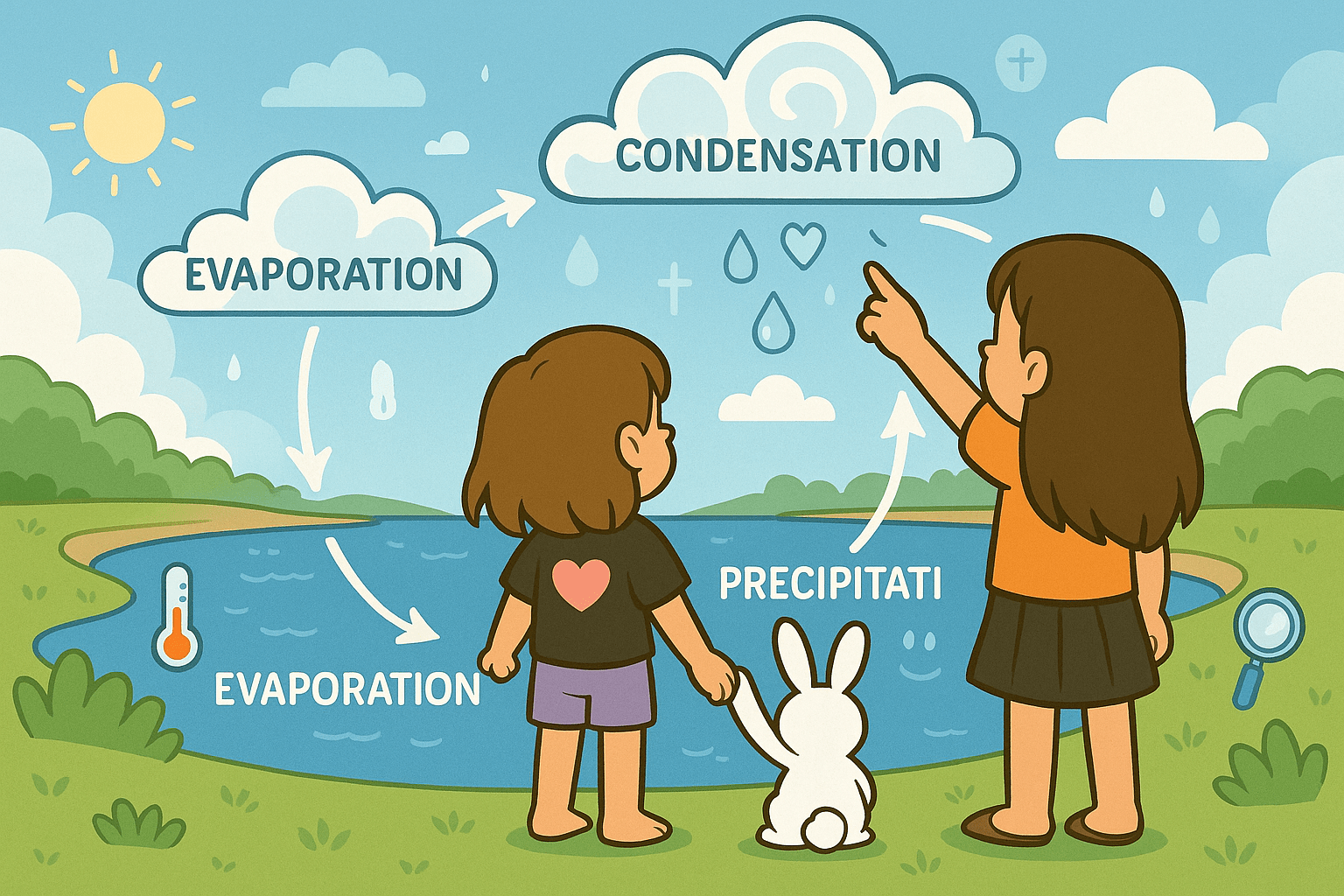 Ariel, Alice, and Fluffernutter exploring the water cycle with clouds, rain, and lakes
