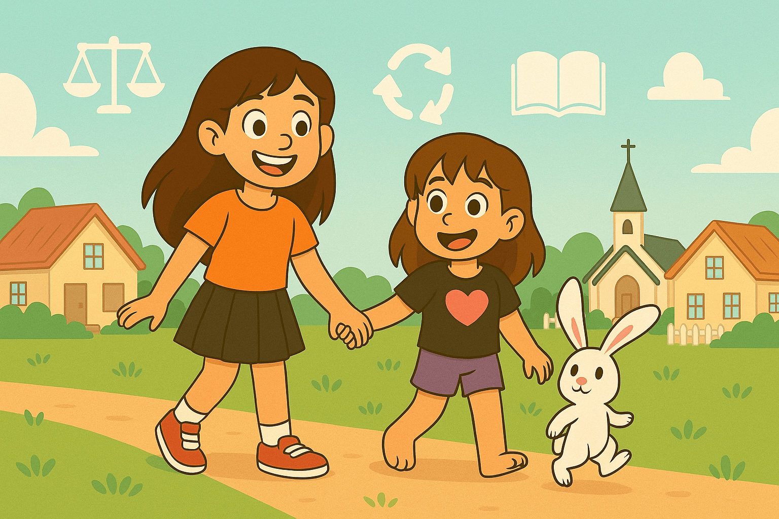 Ariel, Alice, and Mr. Fluffernutter learning about citizenship in a cheerful community scene